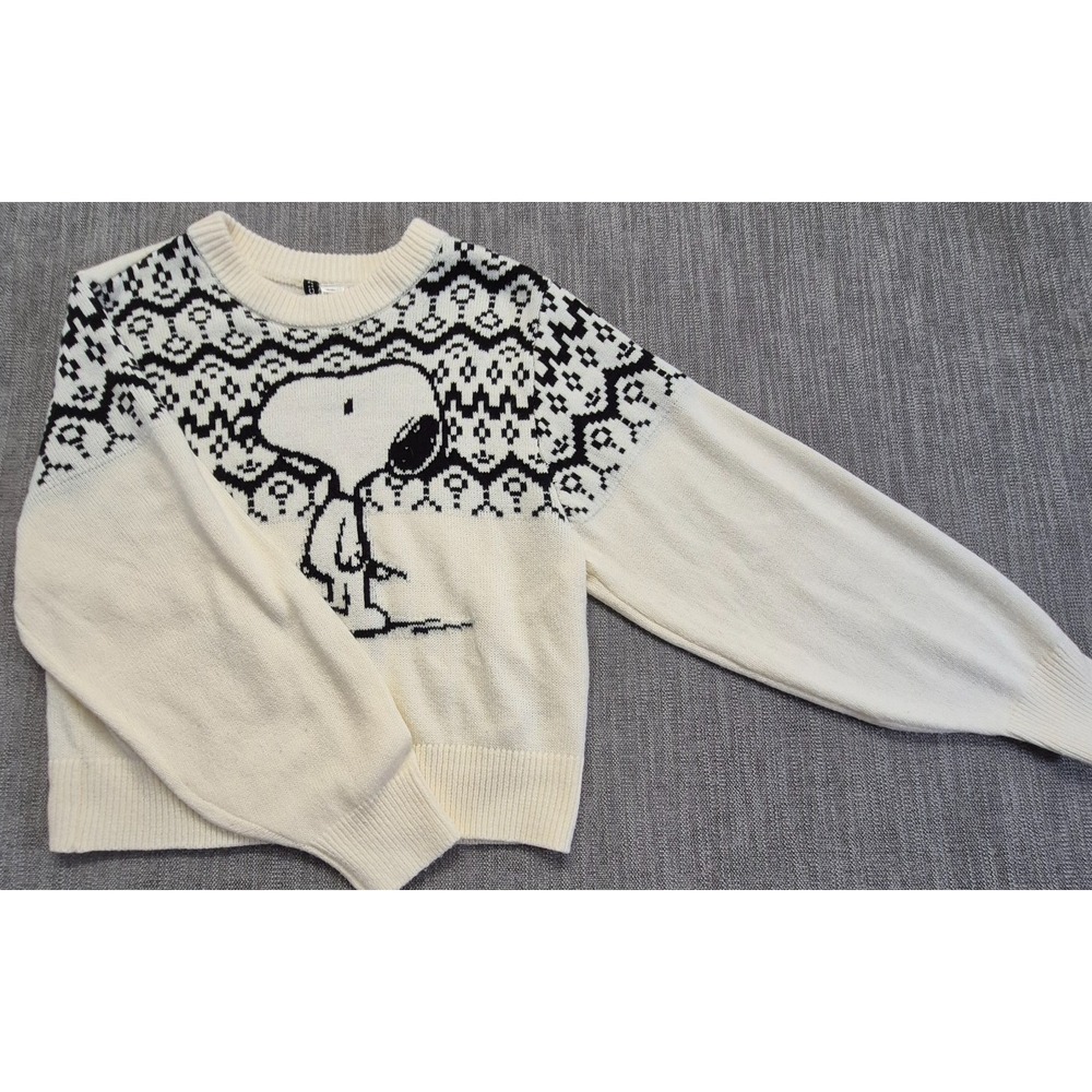H&M Peanuts Snoopy Jacquard Knit Sweater Women's M Cream Black Nordic Pattern